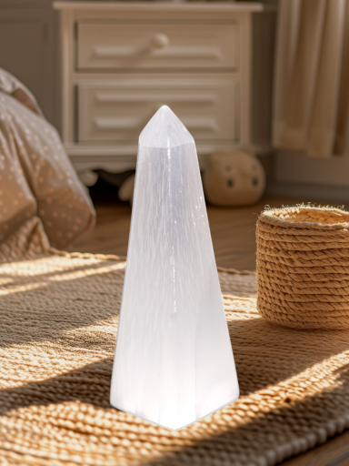 Obélisque en cristal blanc transparent sur un sol en bois, éclairé par la lumière du soleil.