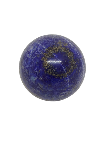 Sphère en lapis-lazuli, d'un bleu profond avec des veines dorées.